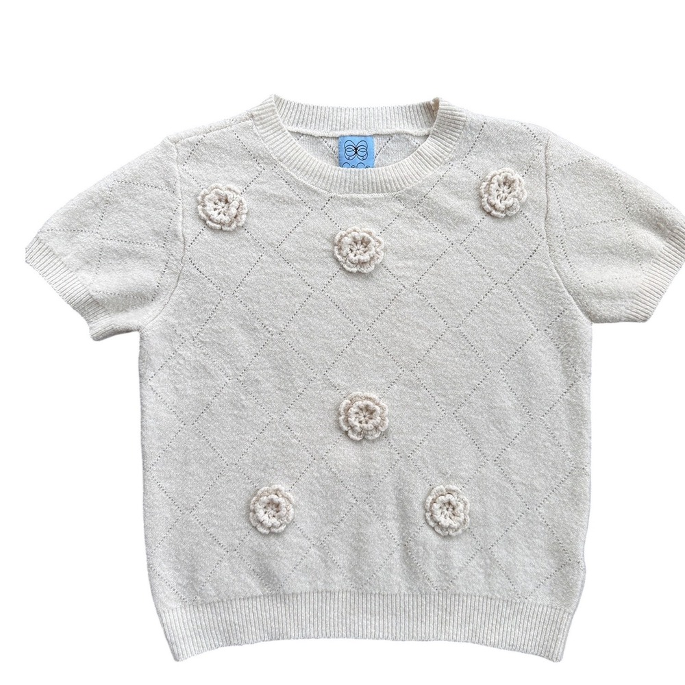 CeCe‎ Short Sleeve Sweater Women M Cream Excellent Diamond Pointelle Knit CB56AS